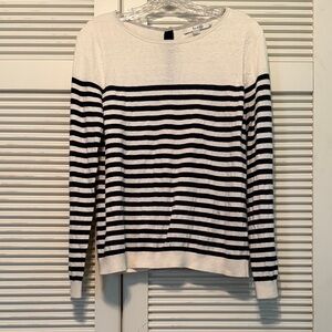 BODEN Dark Blue and Off-White Striped Button Back Sweater